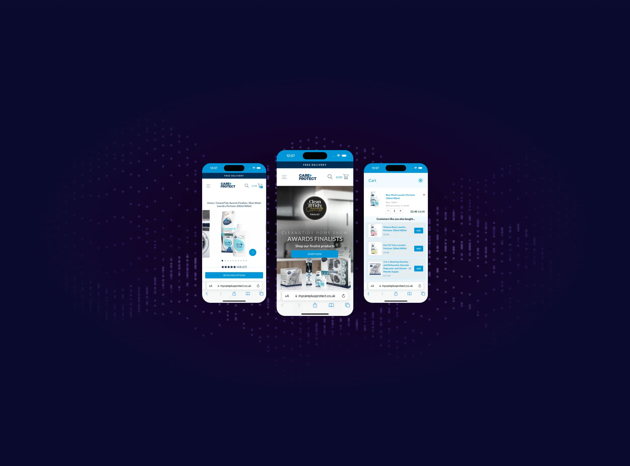 Three Care + Protect mobile screens showing a product page, homepage and cart