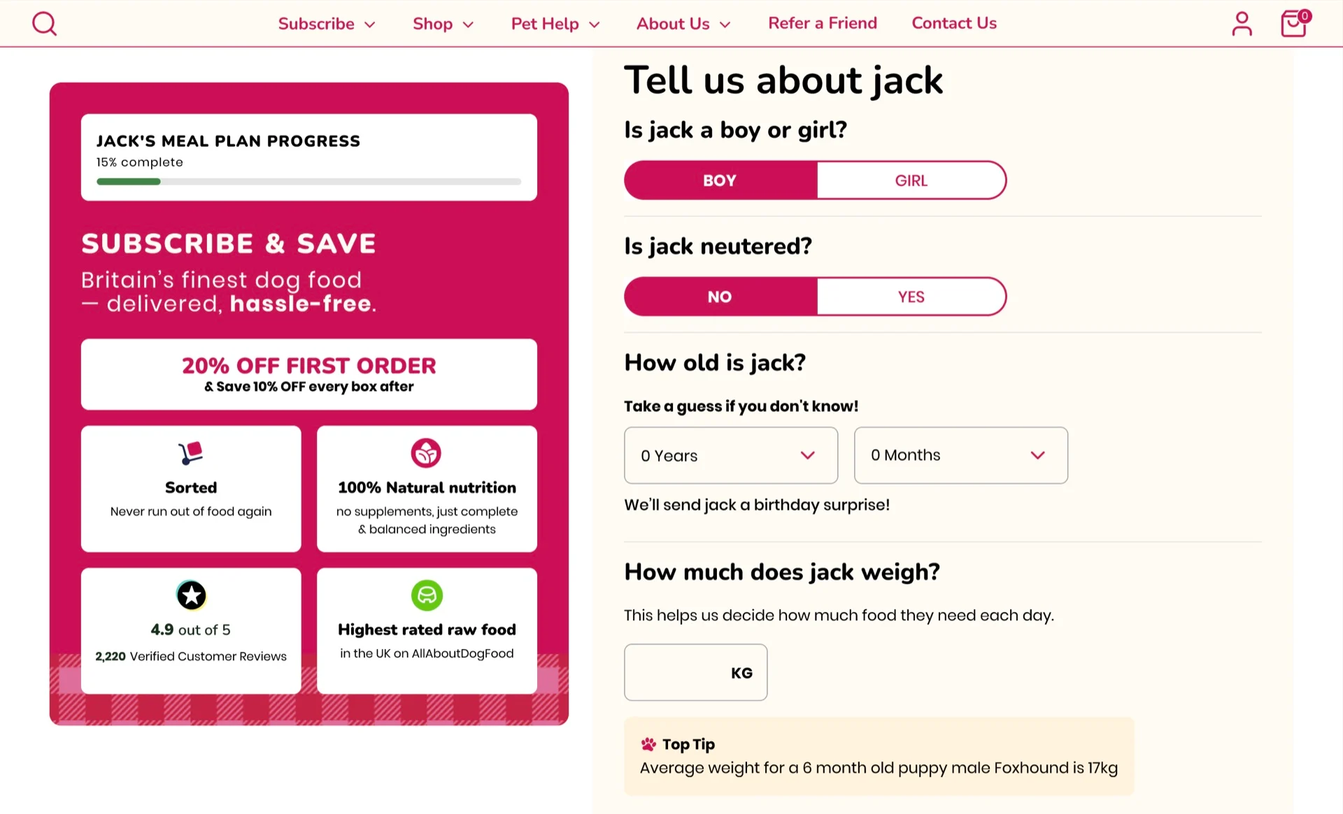 Poppy’s Picnic subscription flow showing Jack’s meal-plan progress, subscription benefits and personalised dog questions