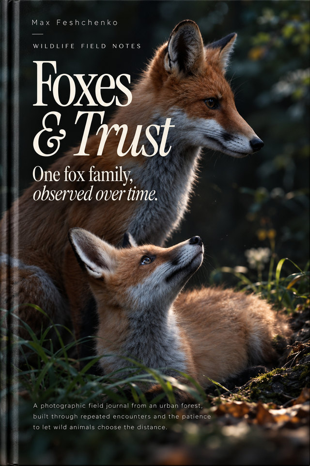 Cover of Foxes & Trust showing an adult red fox and a fox kit in a forest.