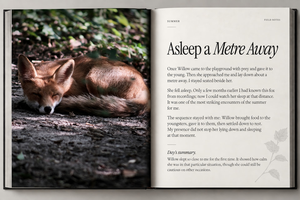 Open Foxes & Trust book spread with a sleeping red fox photograph and the field note Asleep a Metre Away.