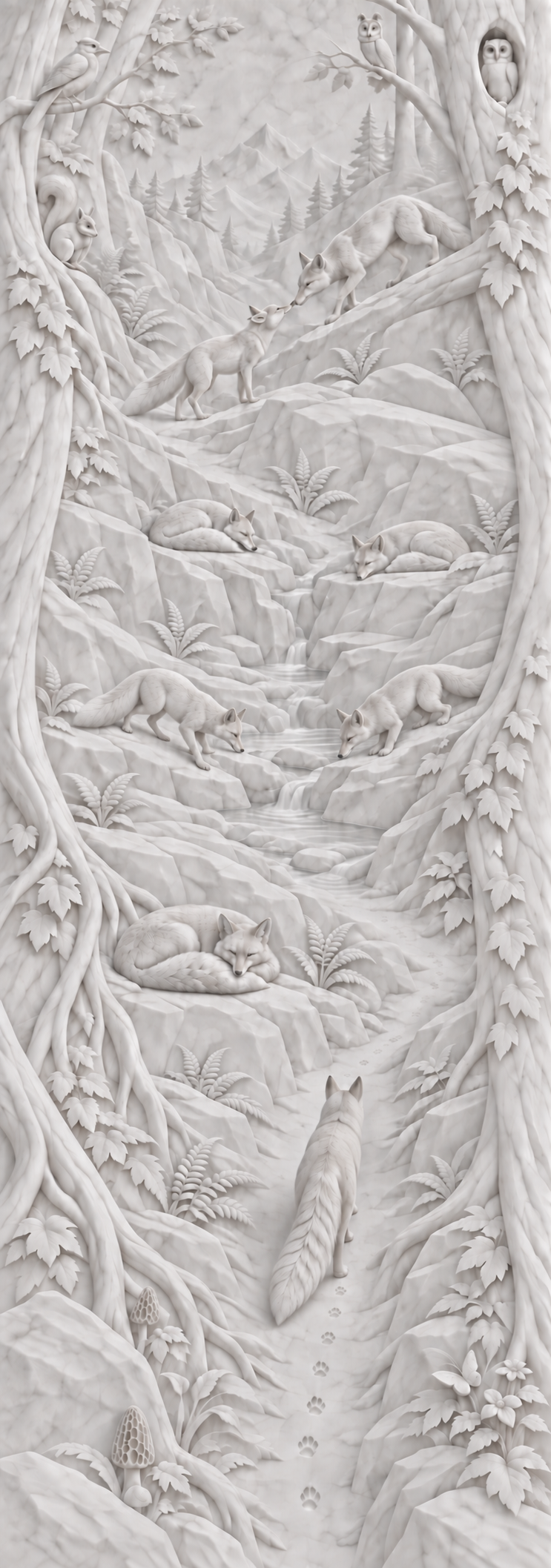 A tall marble bas-relief showing foxes and their forest neighbours in a ravine