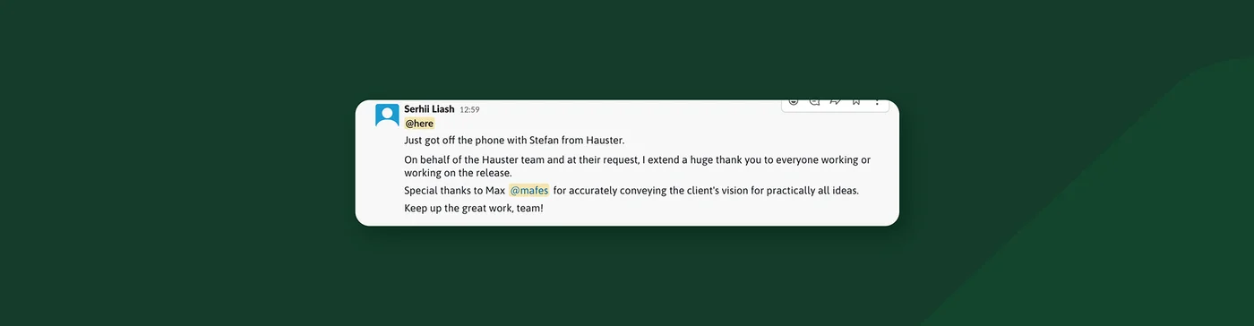 English translation of the Hauster team feedback thanking Max for accurately conveying the client’s vision.